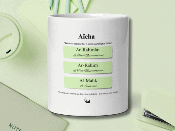 Mug enfant islam personnalisé prénom Aïcha : découvre 3 noms d’Allah